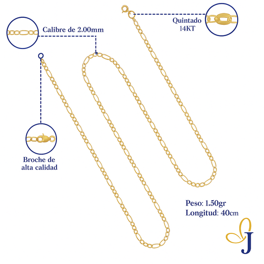 Italian Figaro Chain for Men, 14k Gold, 2mm Gauge
