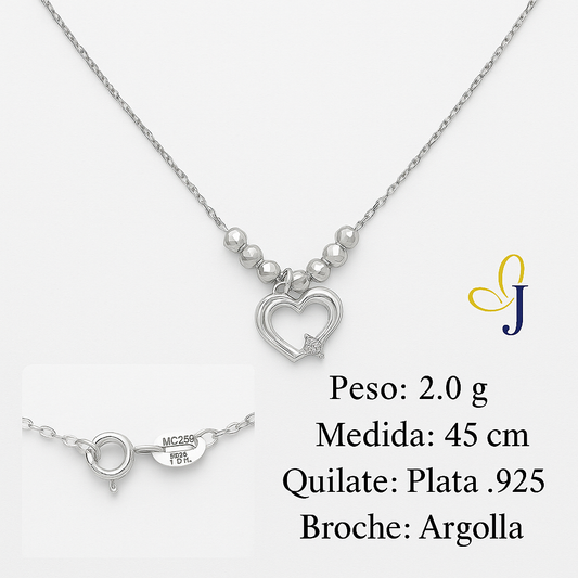 925 Sterling Silver Heart Necklace with Diamond-Cut Ball, 45cm