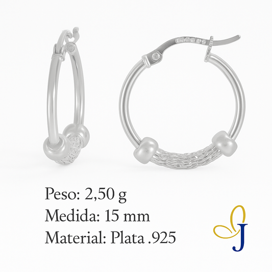 Arete Arracada Liso con Malla De Plata 925 Con Malla De 15 Mm