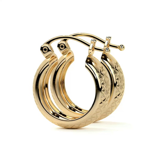 Diamond Hoop Earrings 10k Gold Honeycomb Style Bangle, 6mm