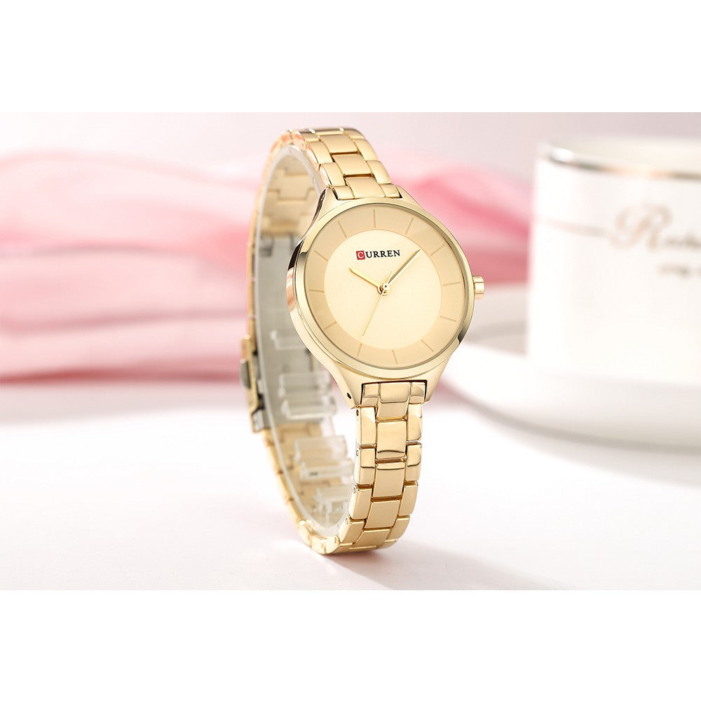 Curren Women's Stainless Steel Watch with Gold Strap, Luxury Fashion, All-Match, Simple 9015 X