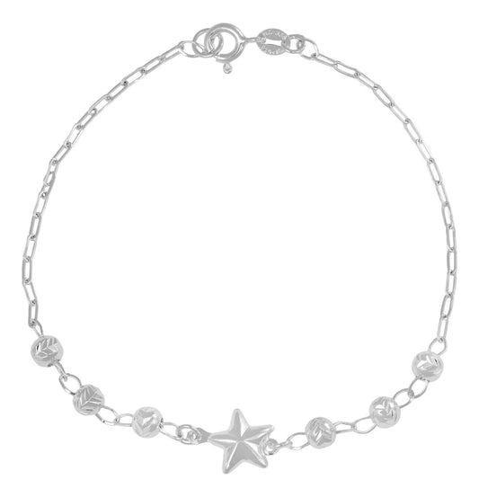 Pulsera De Plata 925 Con Estrella Y Bola Diamantada 18 Cm