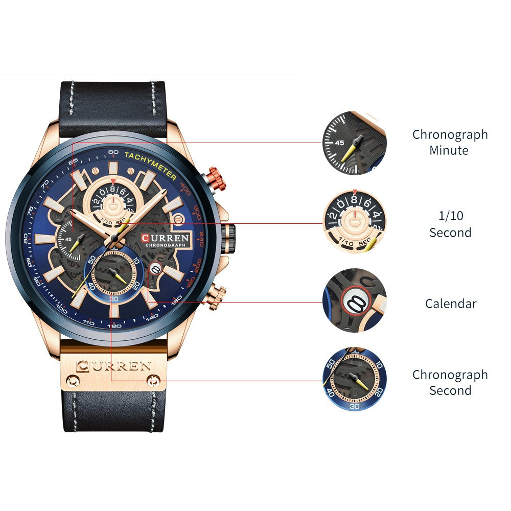 Curren Multifunctional True Three Eyes Chronograph Watch with Waterproof Leather Strap 8380 XS