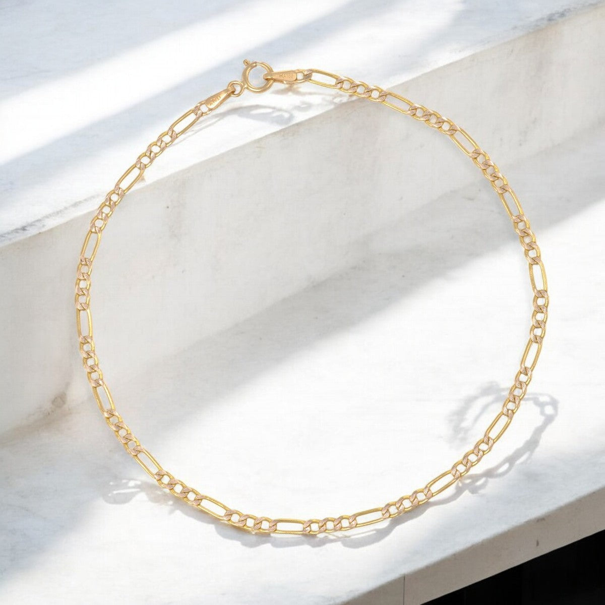 Italian Figaro Pave Bracelet, 10 Carat Gold, 2.6mm, 18.5cm