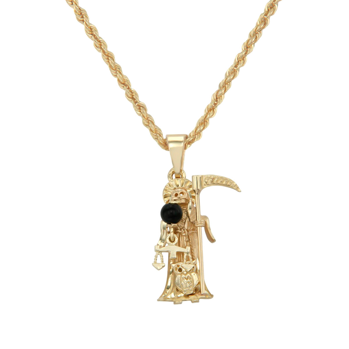 Santa Muerte Necklace in 10k Gold with Onyx Stone 4cm