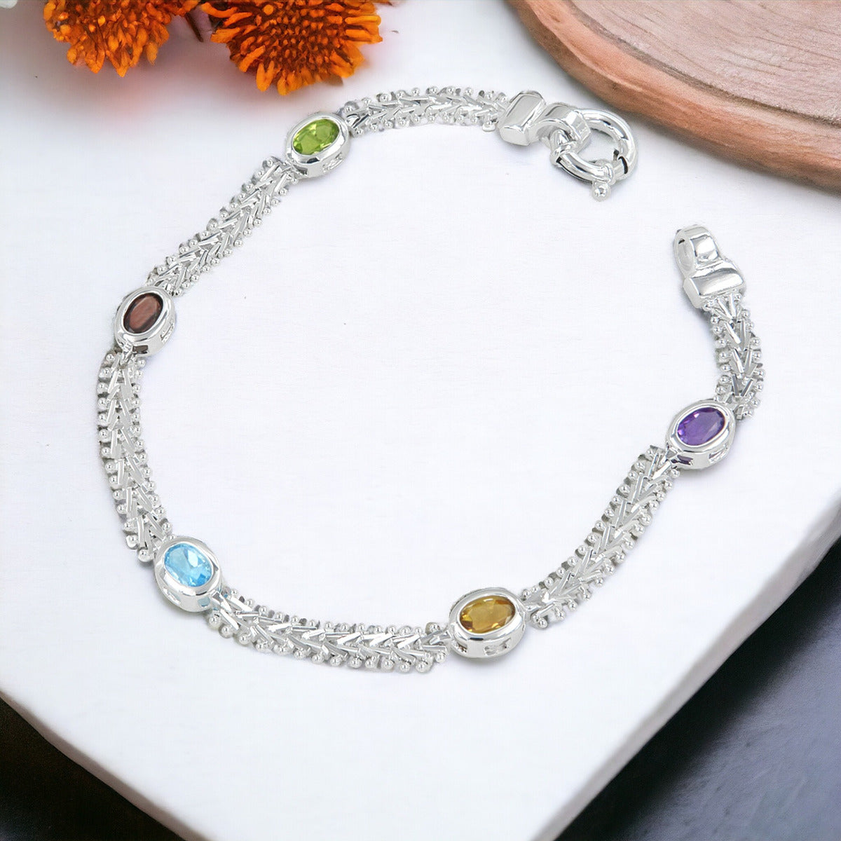 0.925 Sterling Silver Bracelet with Semi-Precious Oval Stone