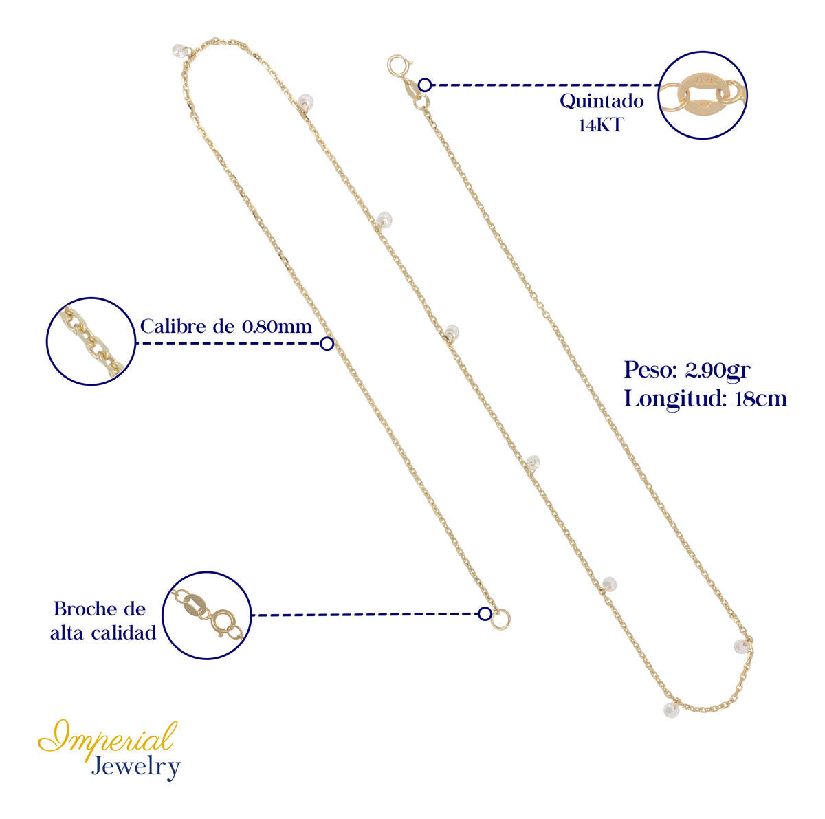 14k Gold Necklace for Women with Stone, 45cm, 1mm