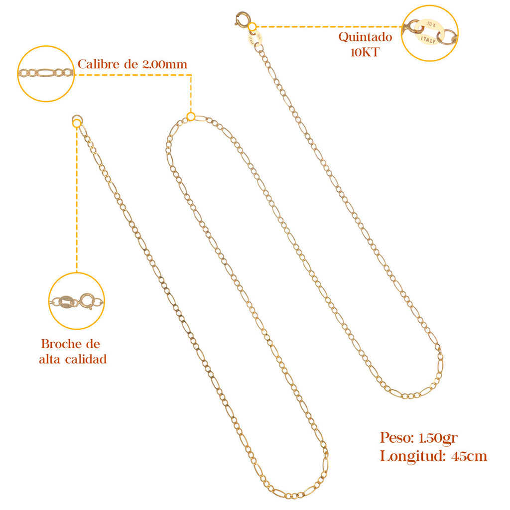 Solid Italian Figaro Chain, 10 Carat, 2mm, 45cm