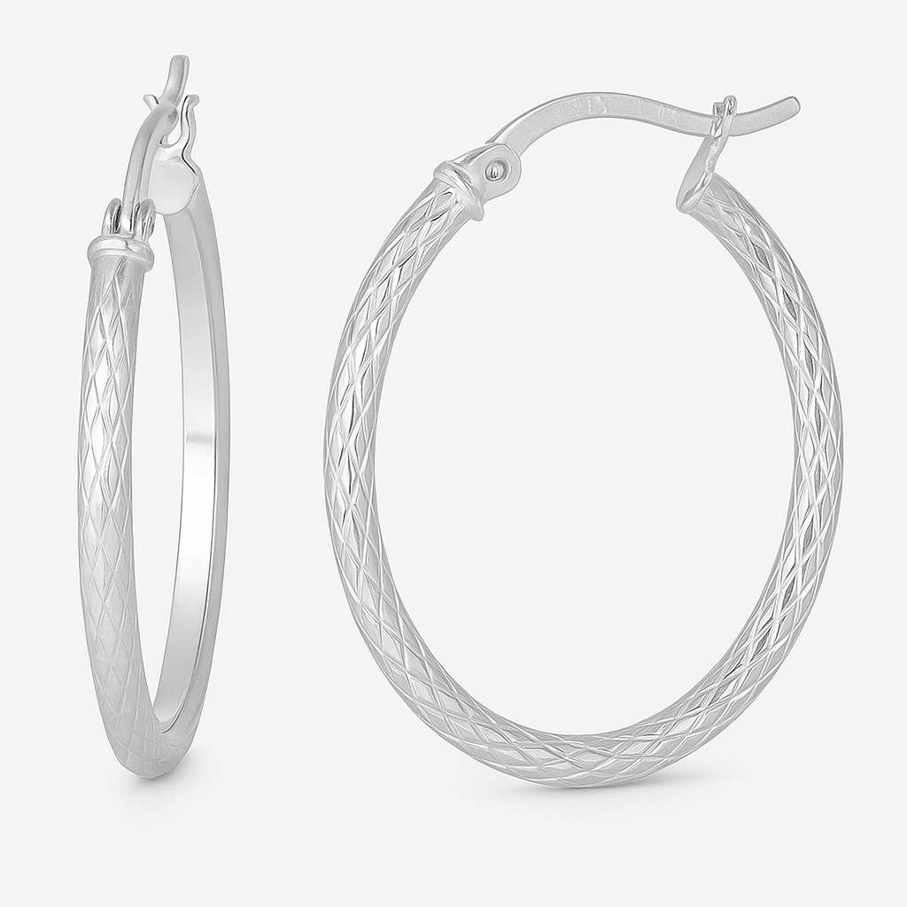 25mm Diamond-Cut Square Tube Oval Silver Earring