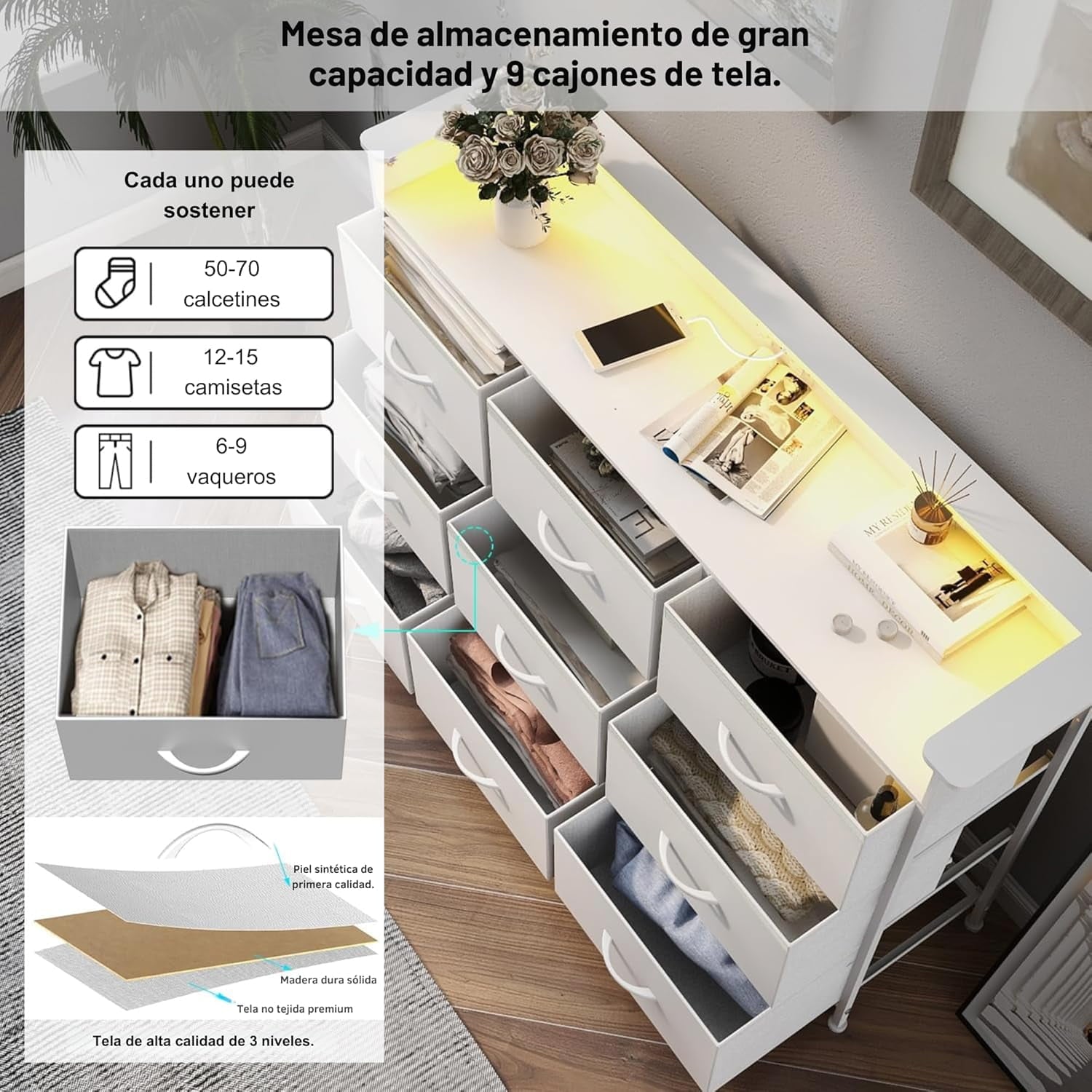 FABATO 9-Drawer Organizer Chest with LED Light and Charging Station