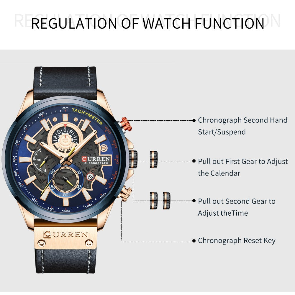 Curren Multifunctional True Three Eyes Chronograph Watch with Waterproof Leather Strap 8380 XS