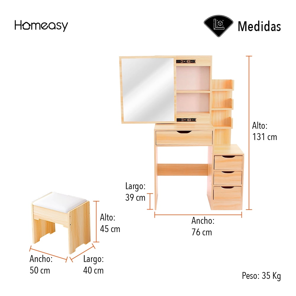 Bedroom vanity with bench and mirror, light brown color