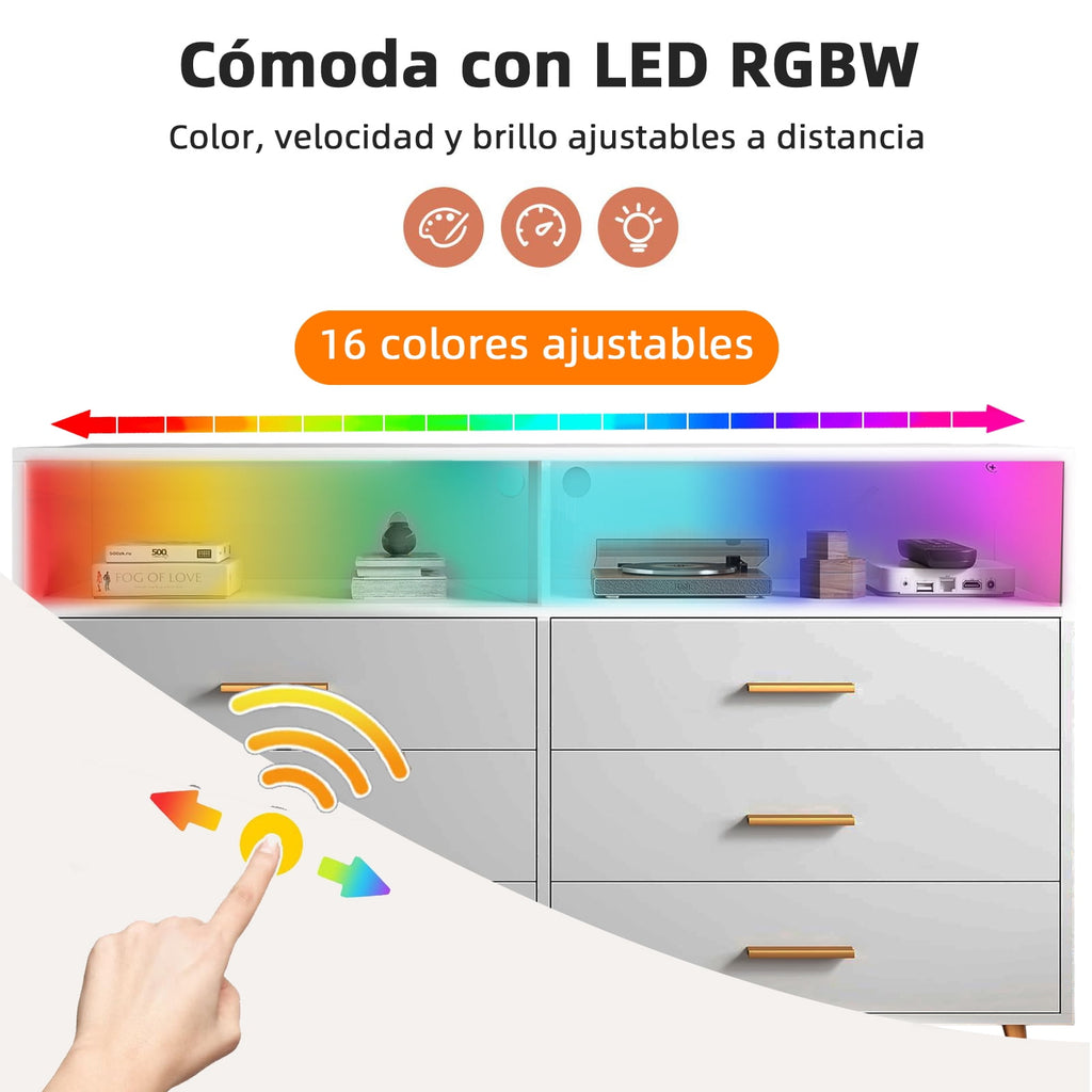 6-Drawer Chest of Drawers with LED Light, Modern Design for Bedroom - White