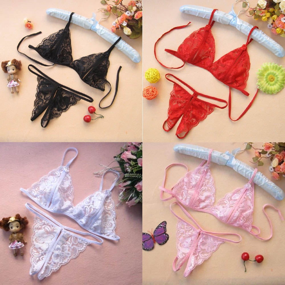 (Sexy lingerie) erotic women's lace see-through triangle cup open crotch bra panties underwear set