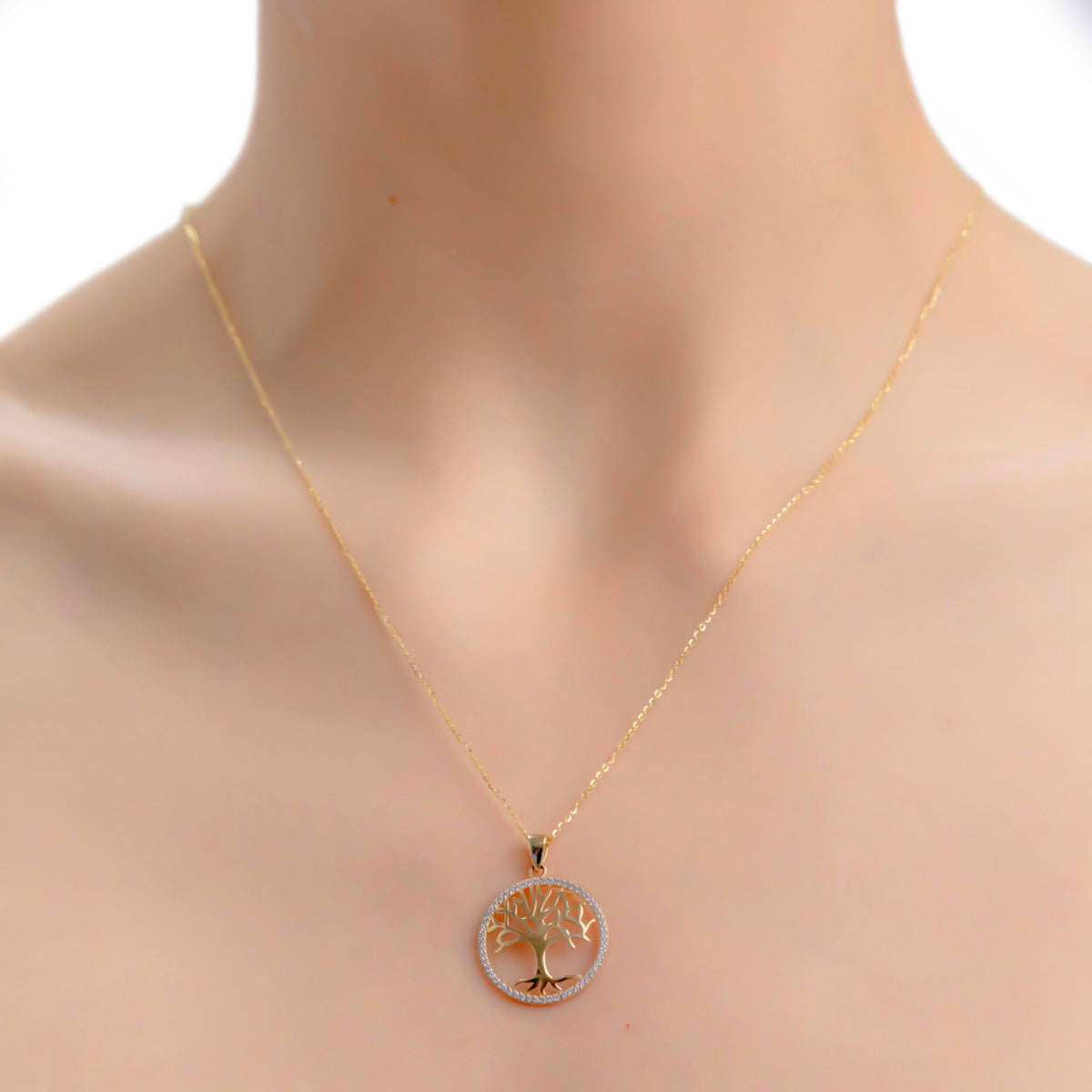 14k Gold Tree of Life Necklace with Cubic Zirconia
