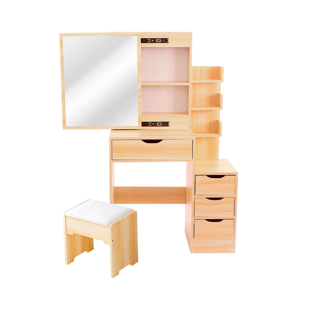 Bedroom vanity with bench and mirror, light brown color