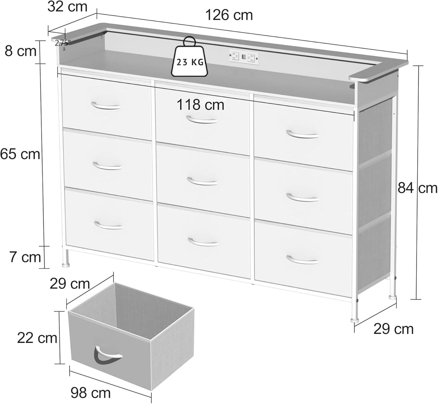 FABATO 9-Drawer Organizer Chest with LED Light and Charging Station