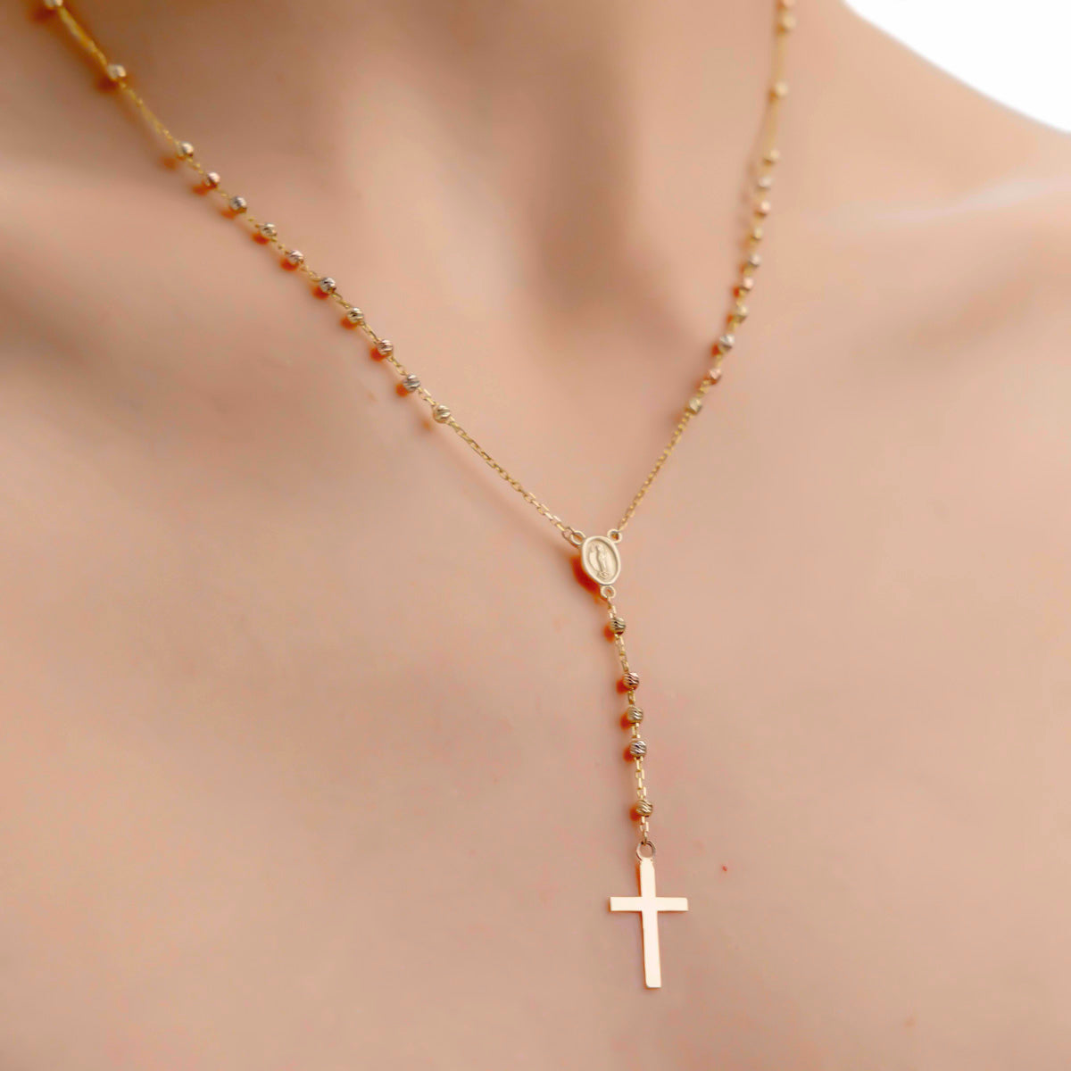 14 Karat Gold Rosary with 3 Tricolor Beads, 50cm