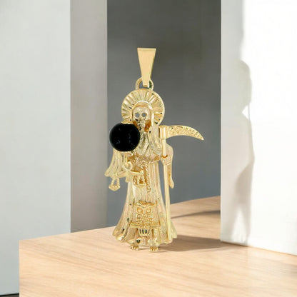 10k Gold Pendant of Santa Muerte with Onyx Stone 4 cm