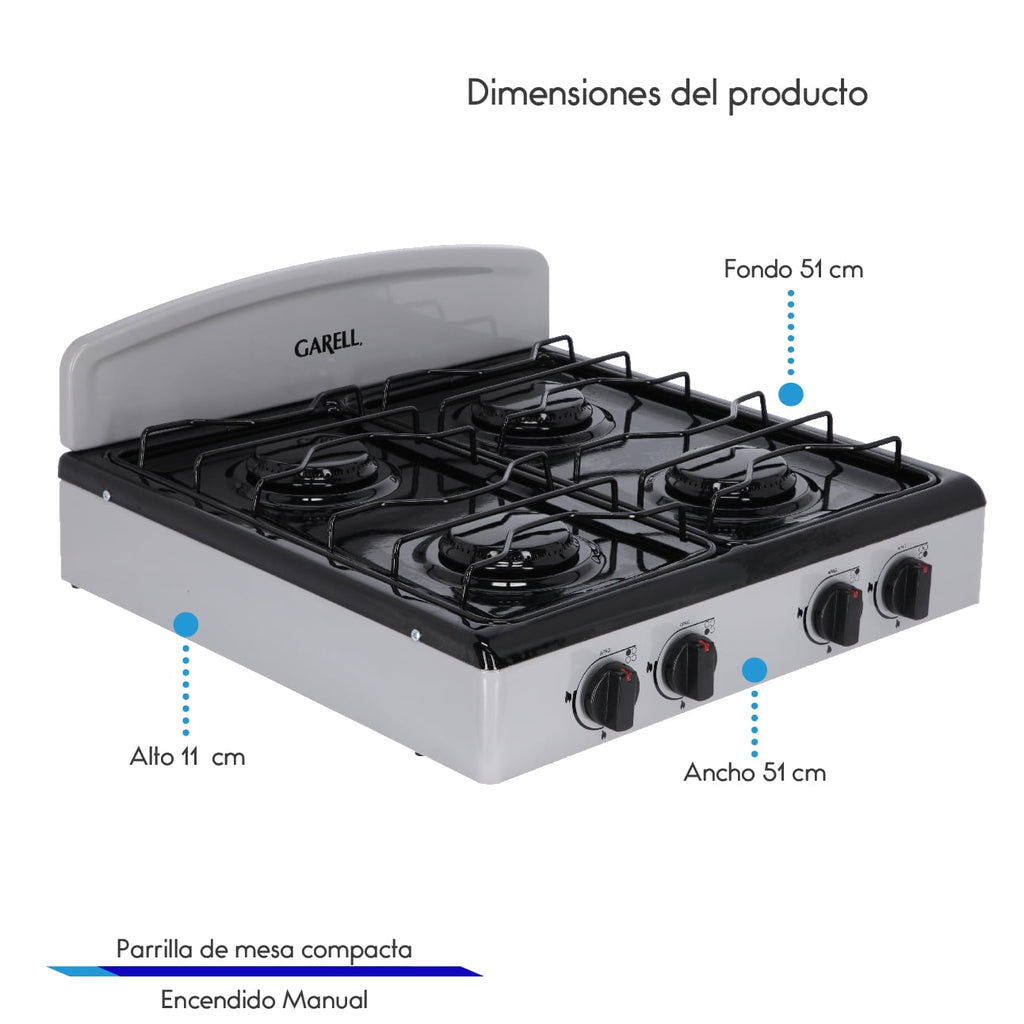 Estufa Parrilla de Gas de Mesa 4 quemadores Gris Garell PM4Q-G