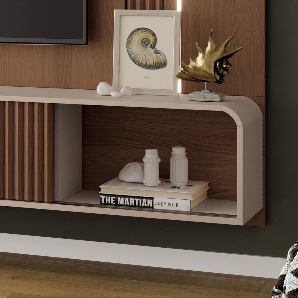 Empire TV Panel with LED Lighting and Storage | Curved Design | Sliding Doors | Chestnut/Off-White | For Screens up to 85"