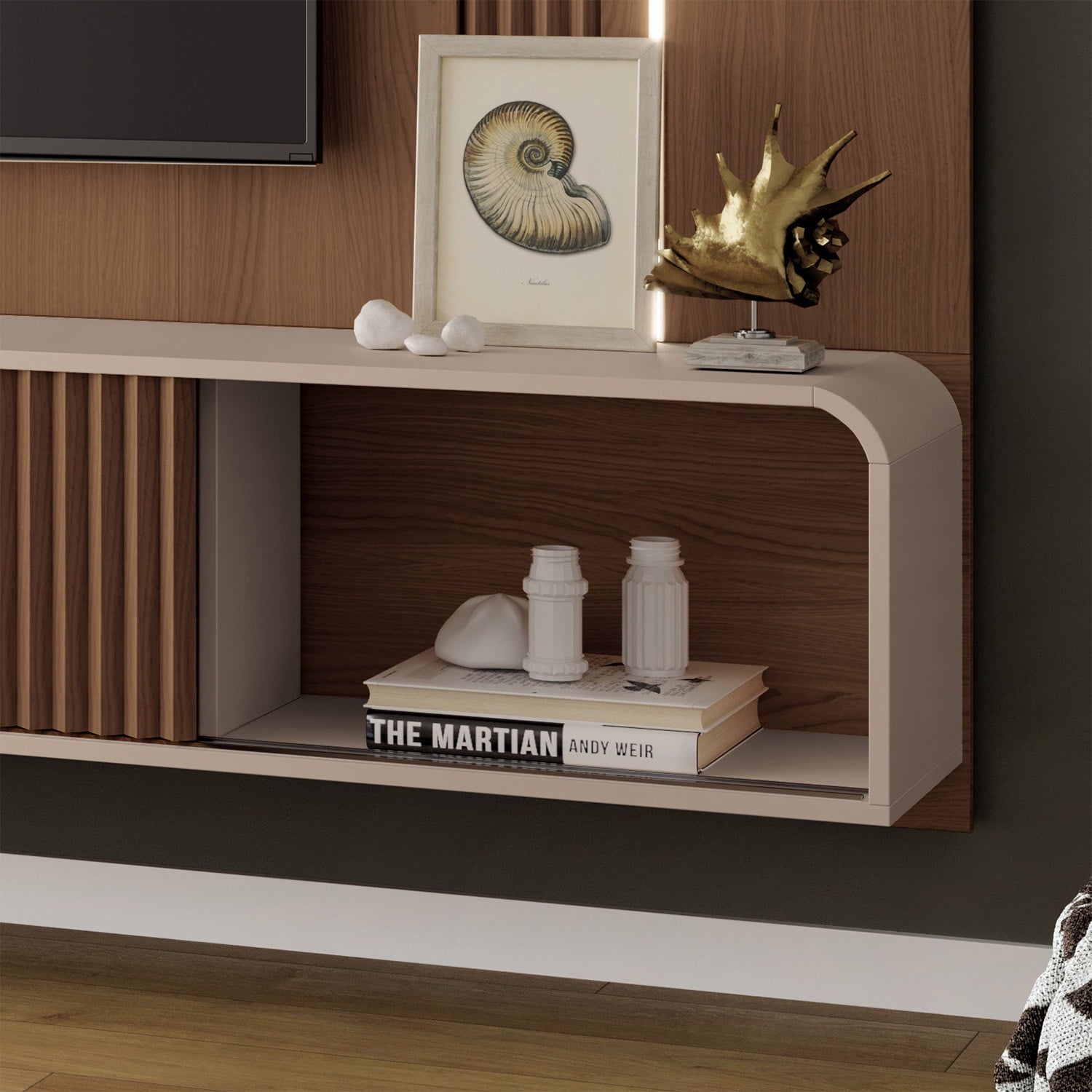 Empire TV Panel with LED Lighting and Storage | Curved Design | Sliding Doors | Chestnut/Off-White | For Screens up to 85"