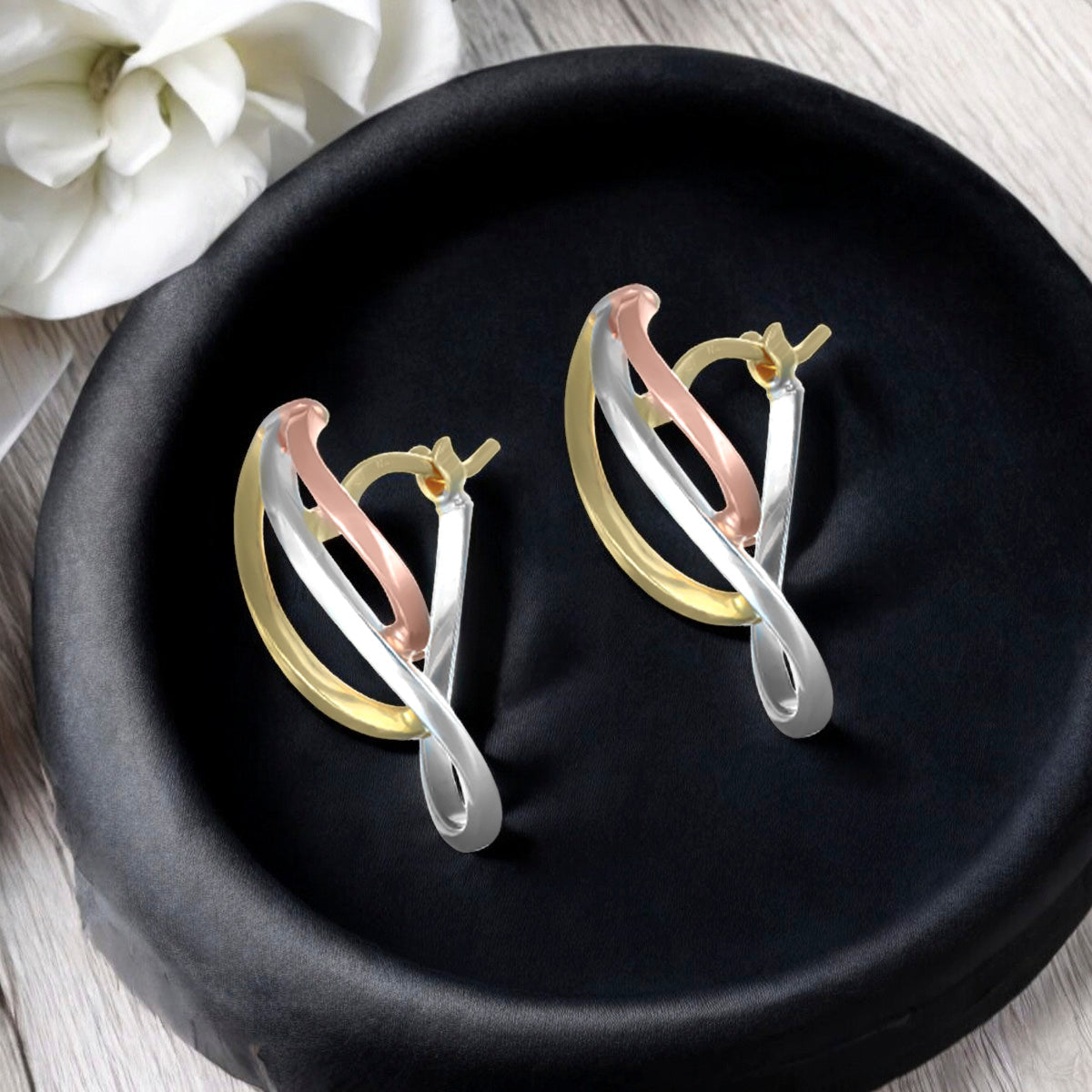 10-karat gold twisted hoop earring in three colors