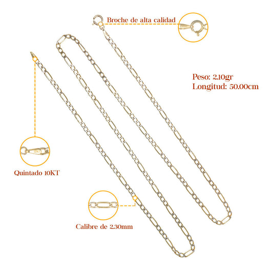 Cadena De Oro Italiano 10k Figaro 3x1 Pave 50 Cm 2.3mm