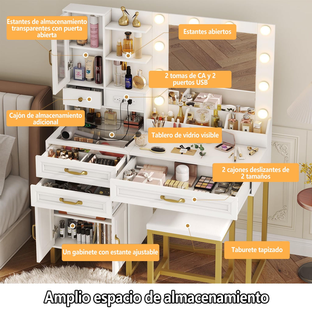 Vanity Unit with Lighted Mirror and Stool, 109cm with 3 Drawers and Acrylic Top. Ideal for your Bedroom