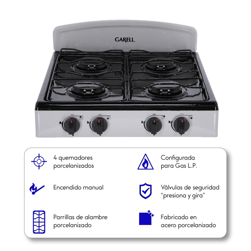 Estufa Parrilla de Gas de Mesa 4 quemadores Gris Garell PM4Q-G