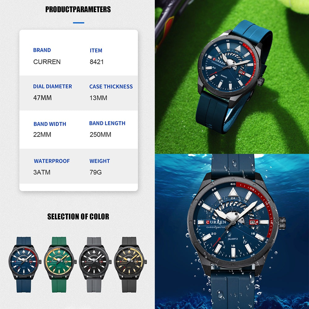 CURREN Men's Watch Original Brand Leather Rubber Fashion Casual Business Sports Quartz Waterproof 8421 X