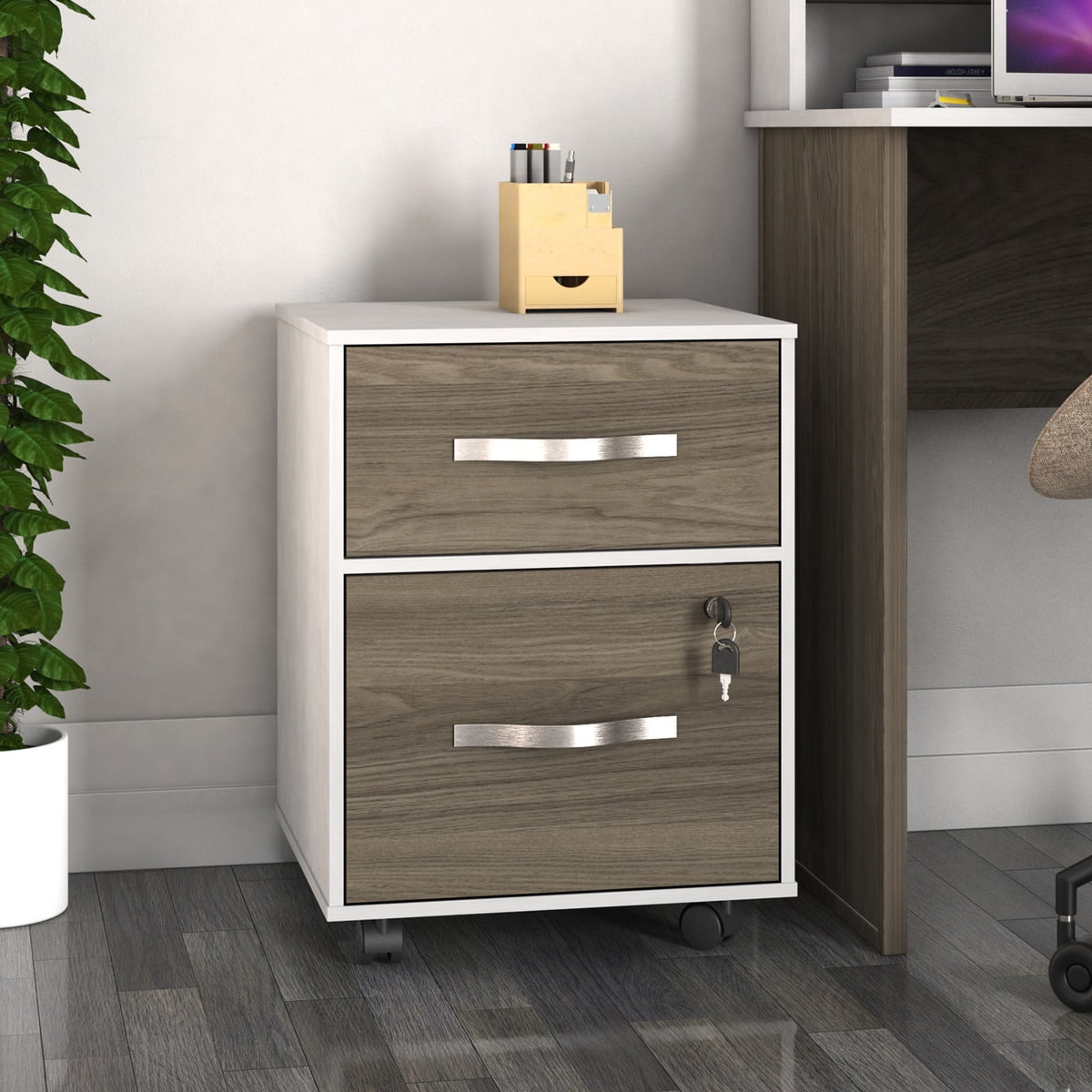 Essential 2-Drawer Letter-Size Filing Cabinet, One Drawer with Lock, 4 Wheels, Playcon Textured Laminate Top