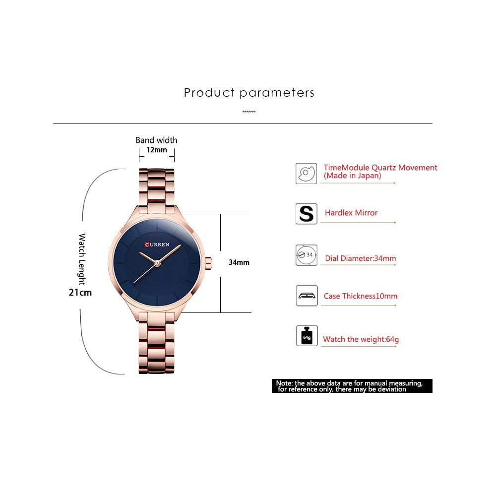 Curren Women's Stainless Steel Watch with Gold Strap, Luxury Fashion, All-Match, Simple 9015 X