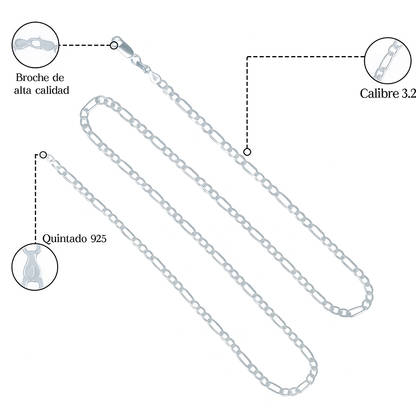 Cadena De Plata 925 Estilo 3x1 Figaro De Calibre 3.2mm en 5 Colores
