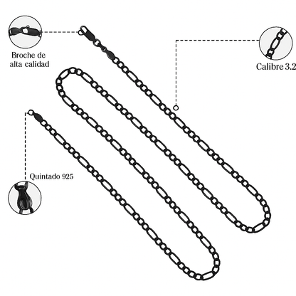 Cadena De Plata 925 Estilo 3x1 Figaro De Calibre 3.2mm en 5 Colores