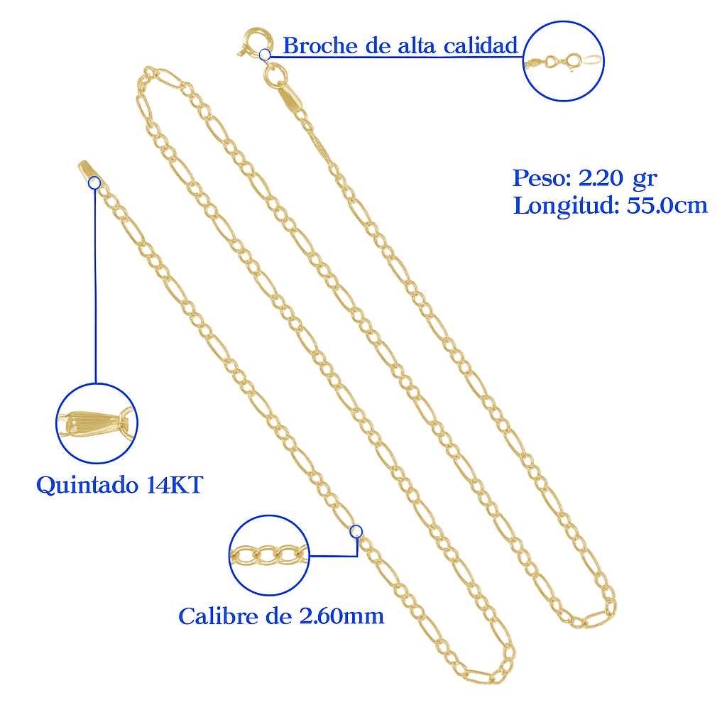 Cadena De Oro Italiano 14k, Estilo Figaro 3x1 Hueca