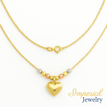 Gargantilla Italiana 14k o 10K De Corazón Inflado Y Bolas Tricolor