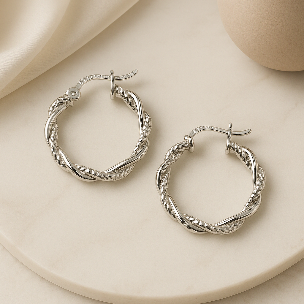 Diamond-cut hoop earring with twisted tubes in 925 sterling silver for women