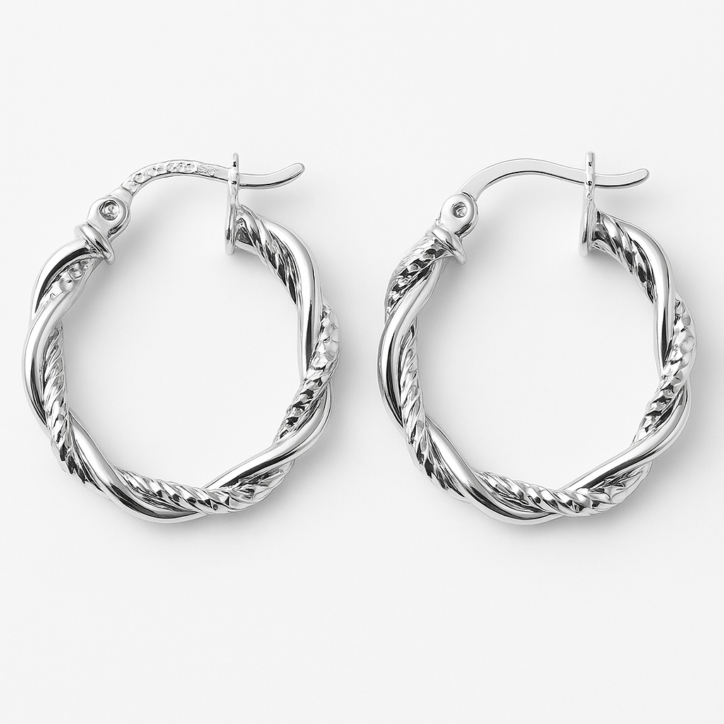 Diamond-cut hoop earring with twisted tubes in 925 sterling silver for women