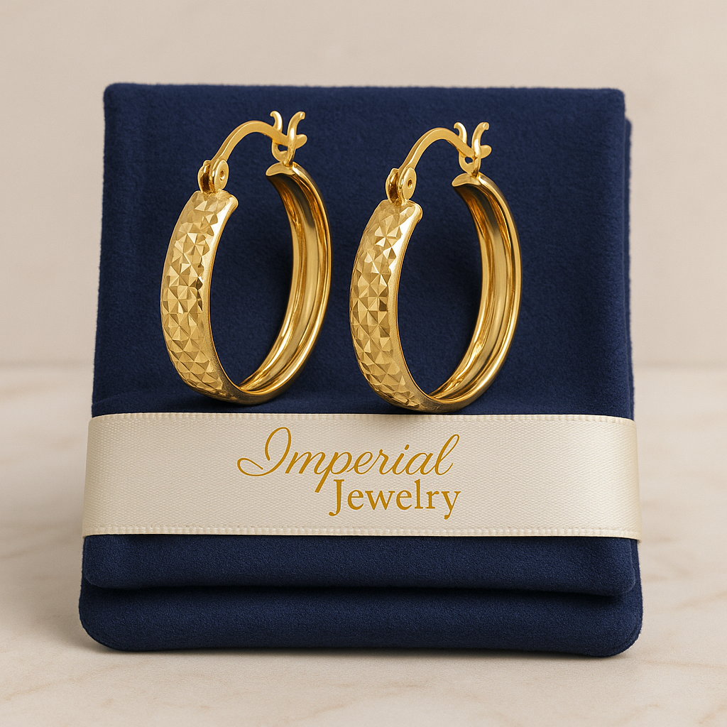 Diamond Hoop Earrings 10k Gold Honeycomb Style Bangle, 4mm Wide