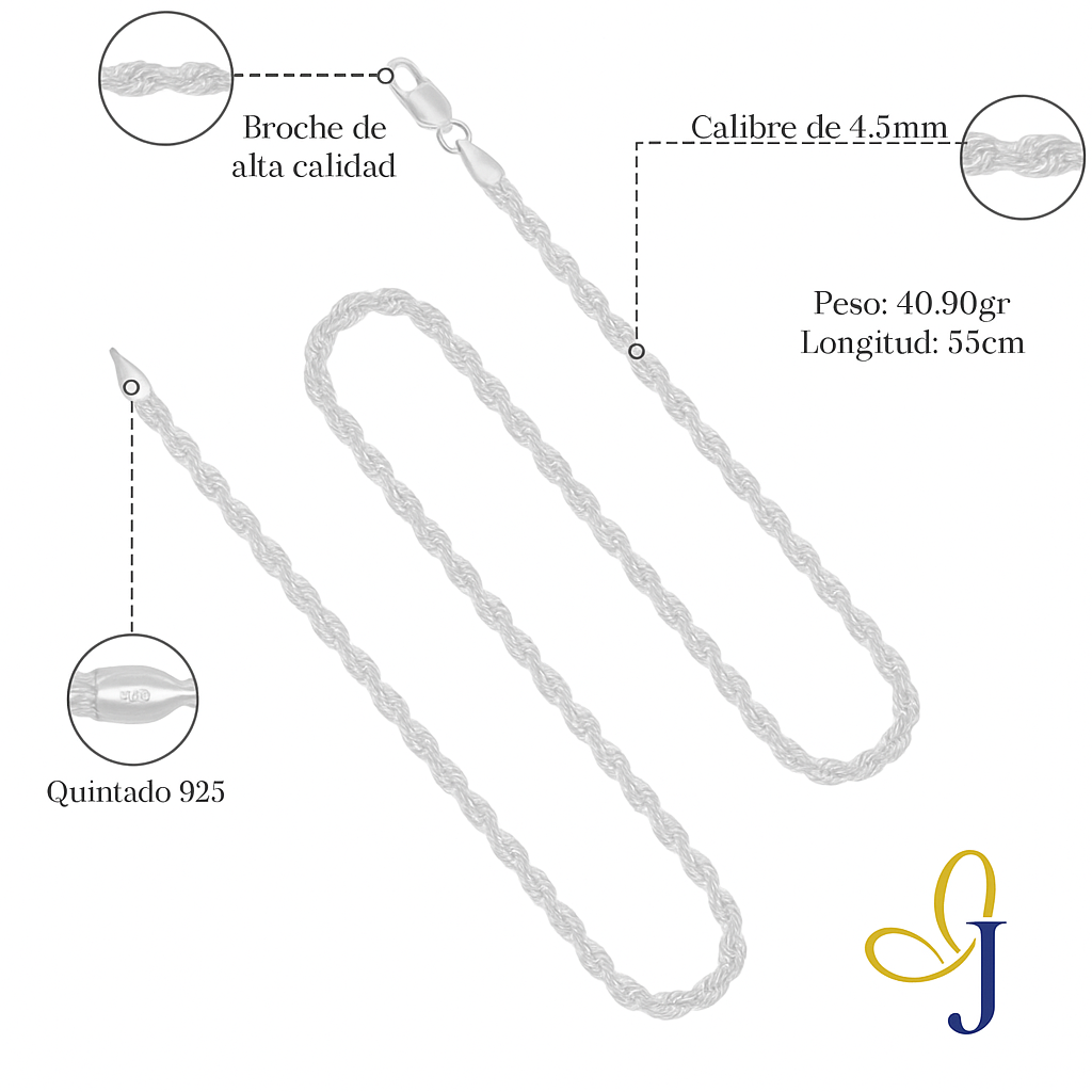 Cadena De Plata 925 Estilo Torsal De 55 Cm Calibre 4.5 Mm