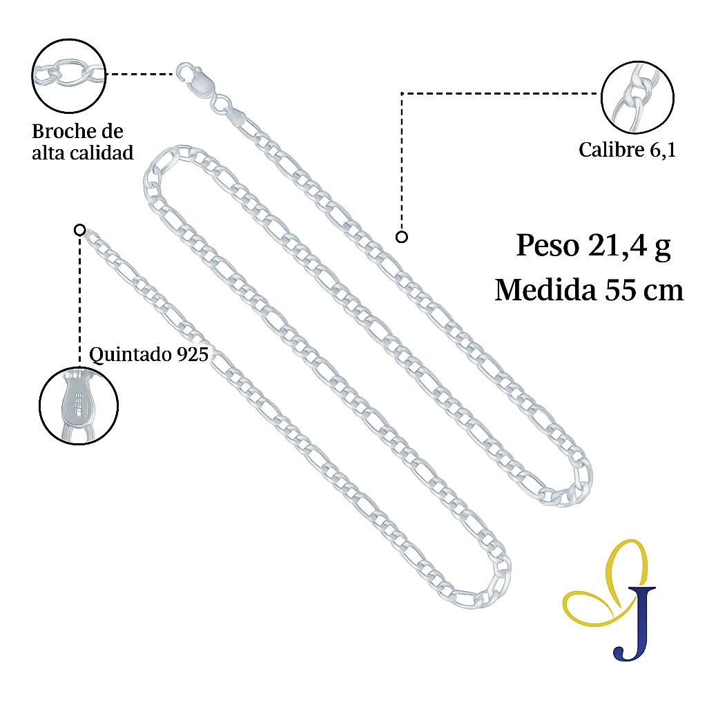 Cadena De Plata 925 Estilo 3x1 Figaro De Calibre 6.1mm
