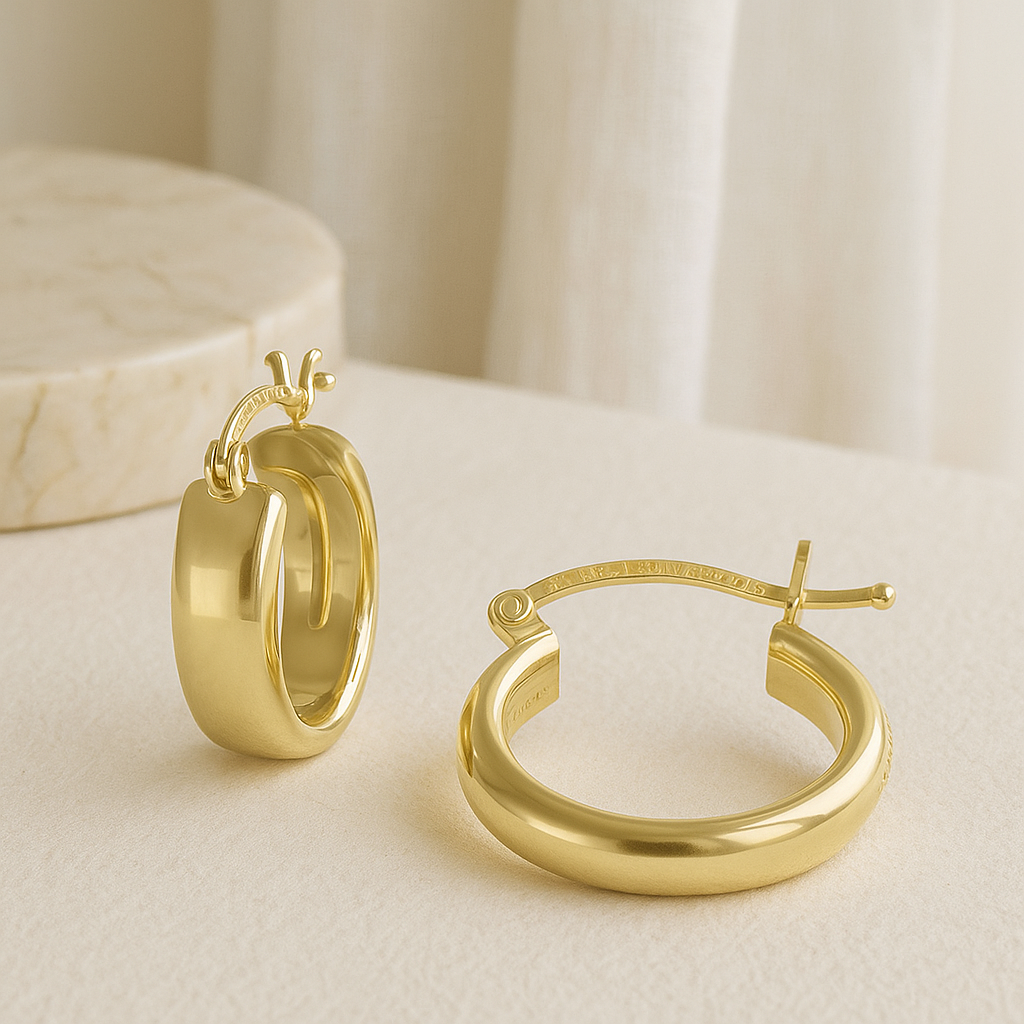 15mm Smooth 14k Gold Bangle Hoop Earrings, 6mm Wide