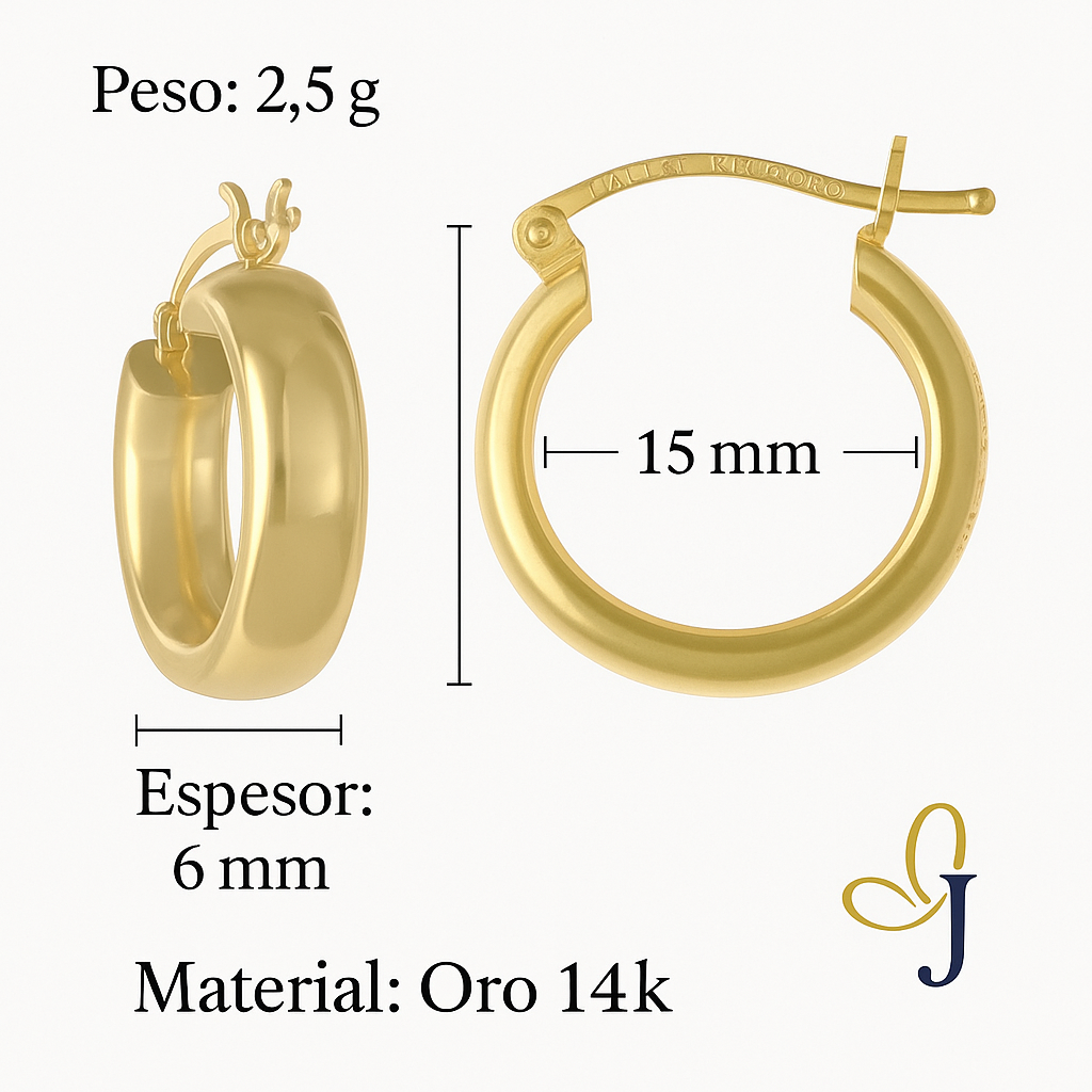 Arracada Bangle De Oro De 14k Lisa De 15mm, 6mm de Ancho