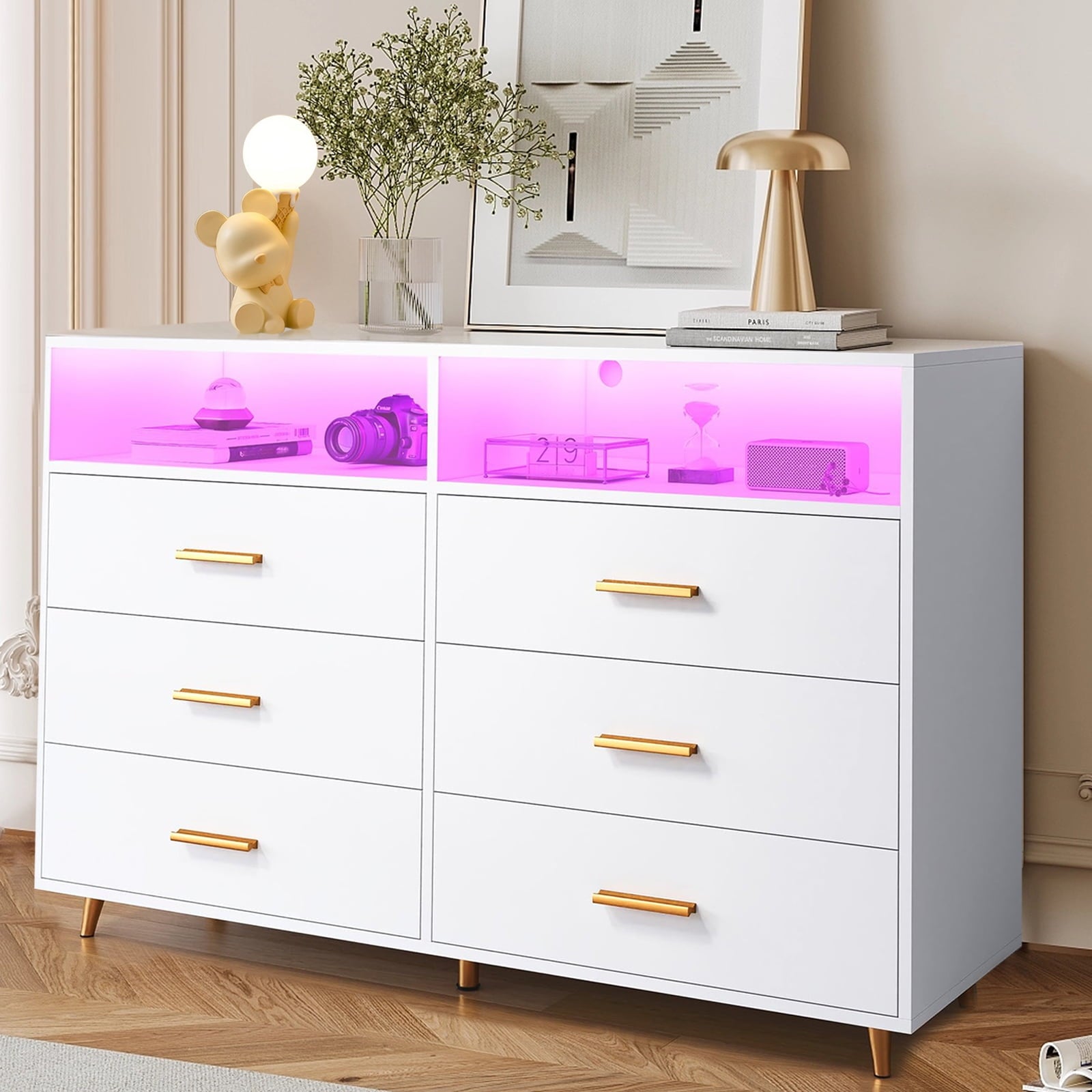 6-Drawer Chest of Drawers with LED Light, Modern Design for Bedroom - White
