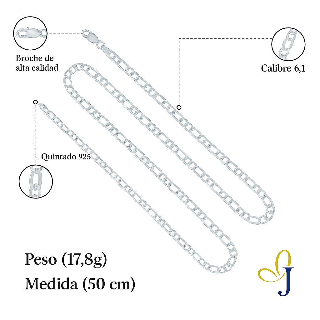 Cadena De Plata 925 Estilo 3x1 Figaro De Calibre 6.1mm