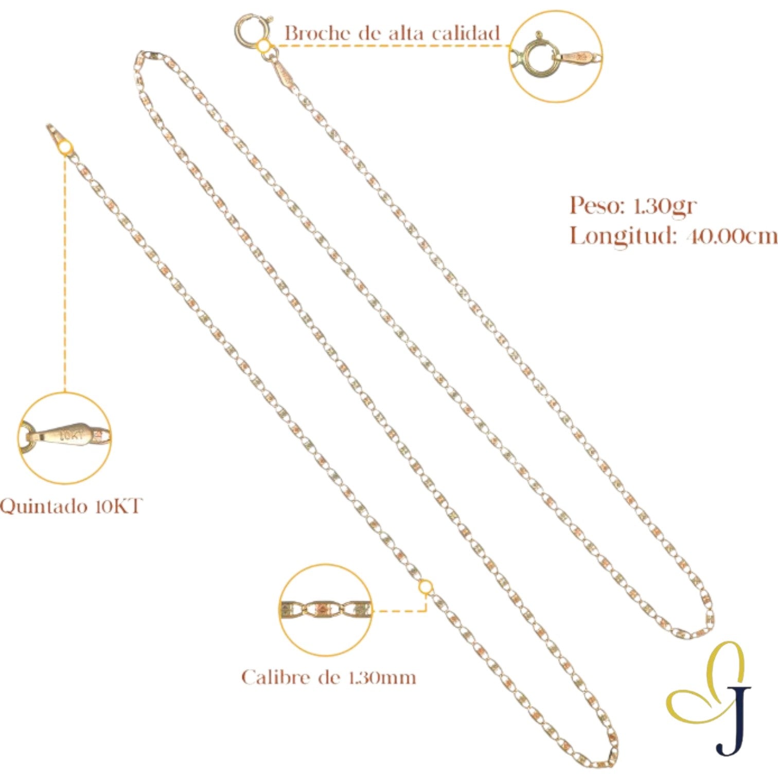 Cadena De Oro De 10k Valentino Calibre 1.3mm