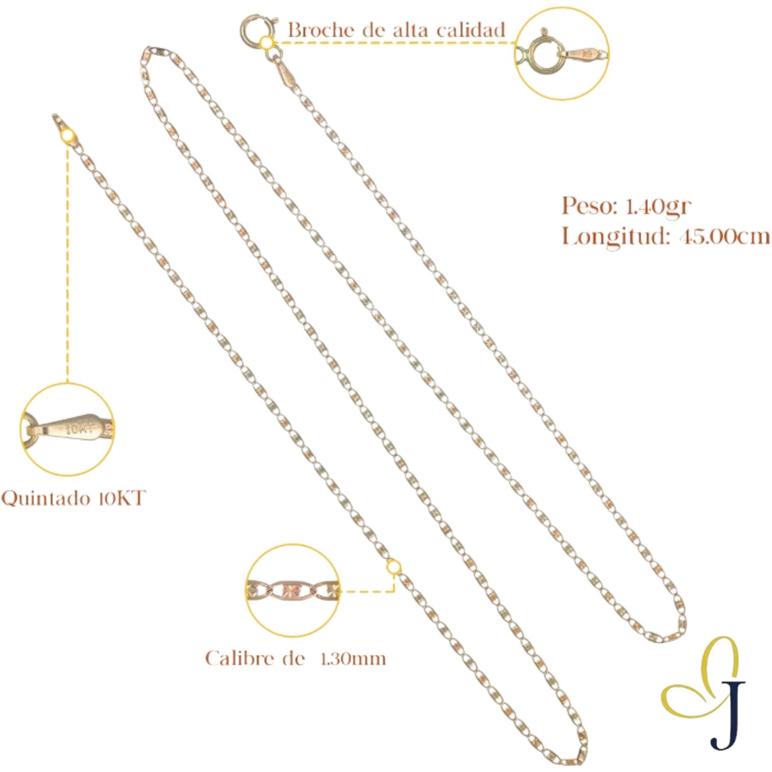 Cadena De Oro De 10k Valentino Calibre 1.3mm