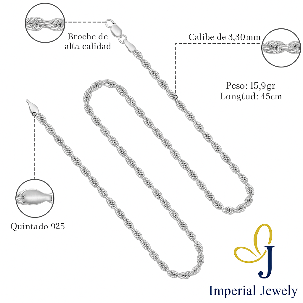 Cadena De Plata 925 Estilo Torsal De 45 Cm Calibre 3.3 Mm
