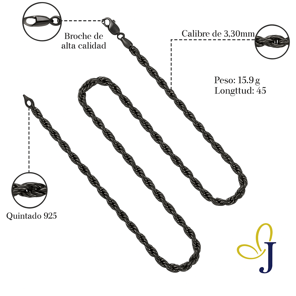 Cadena De Plata 925 Estilo Torsal De 45 Cm Calibre 3.3 Mm